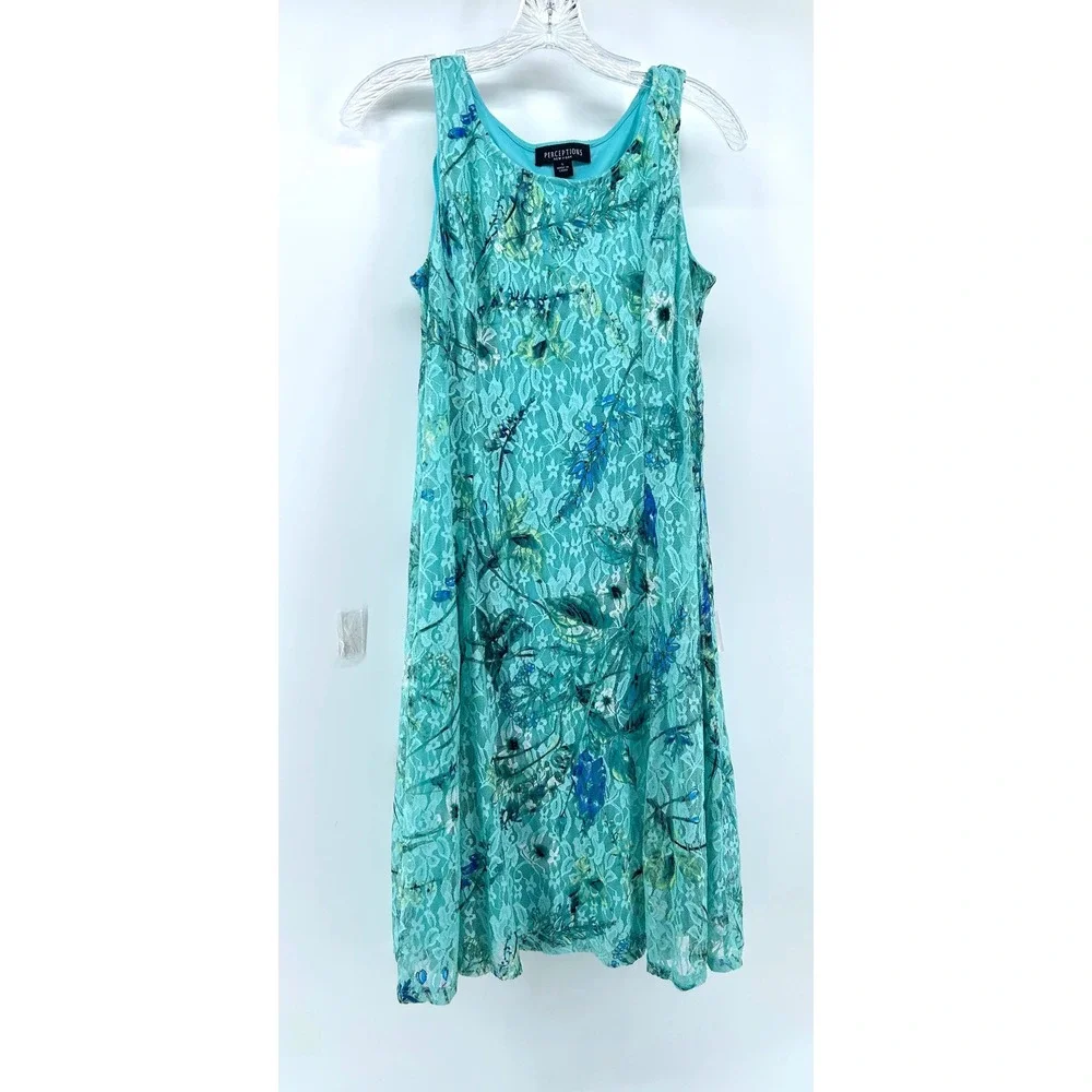 Perceptions New York Womens Teal Floral Lace Sleeveless A-Line Dress Small